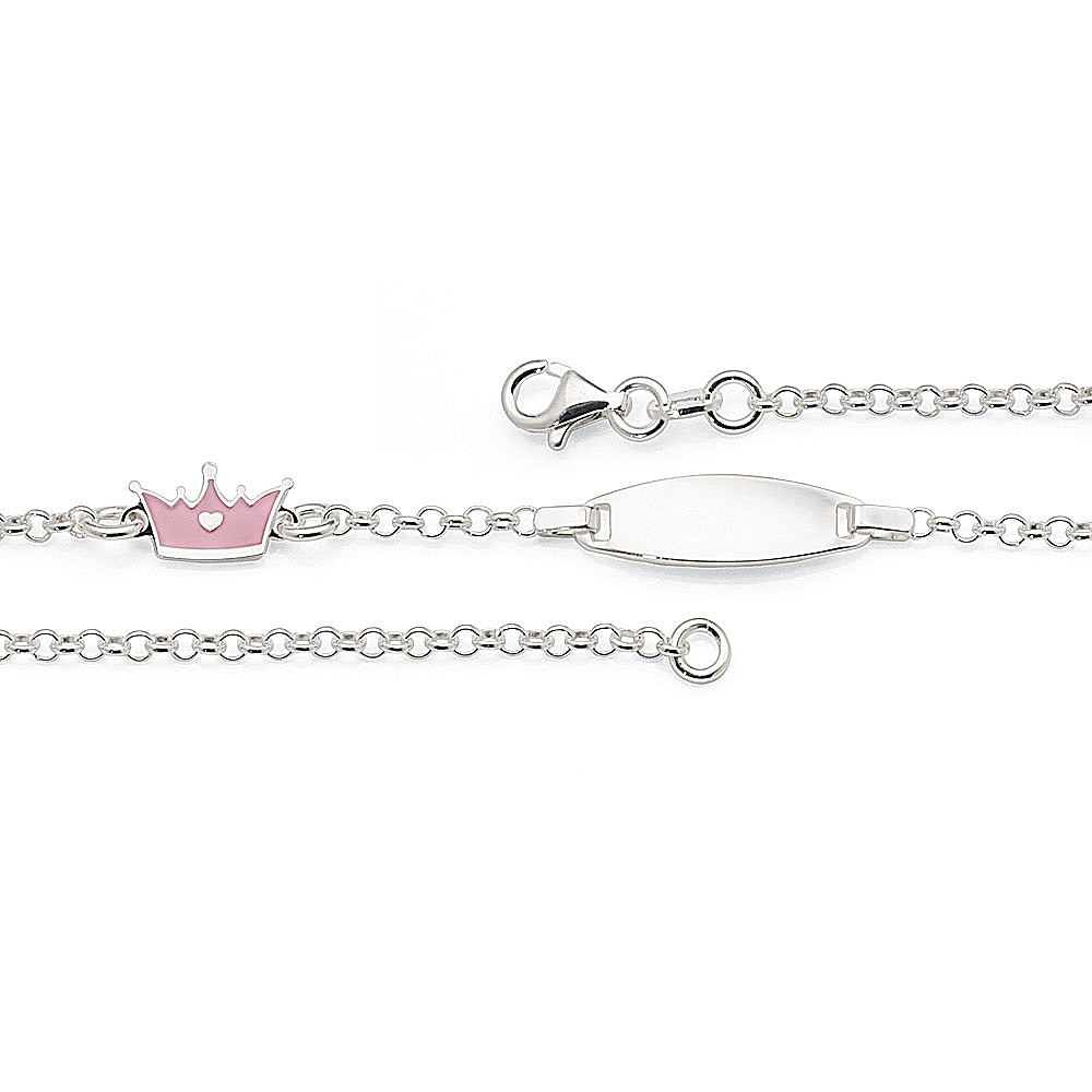 Sterling Silver Pink Crown & ID Round Belcher Bracelet