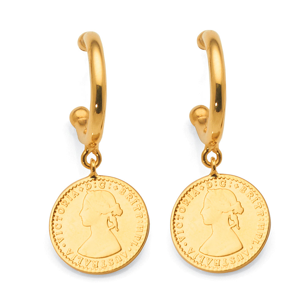 Von Treskow Gold Tone Open Hoop Studs With Hanging Mini Coin