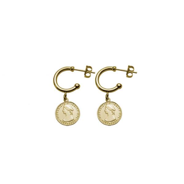 Von Treskow Gold Tone Open Hoop Studs With Hanging Mini Coin