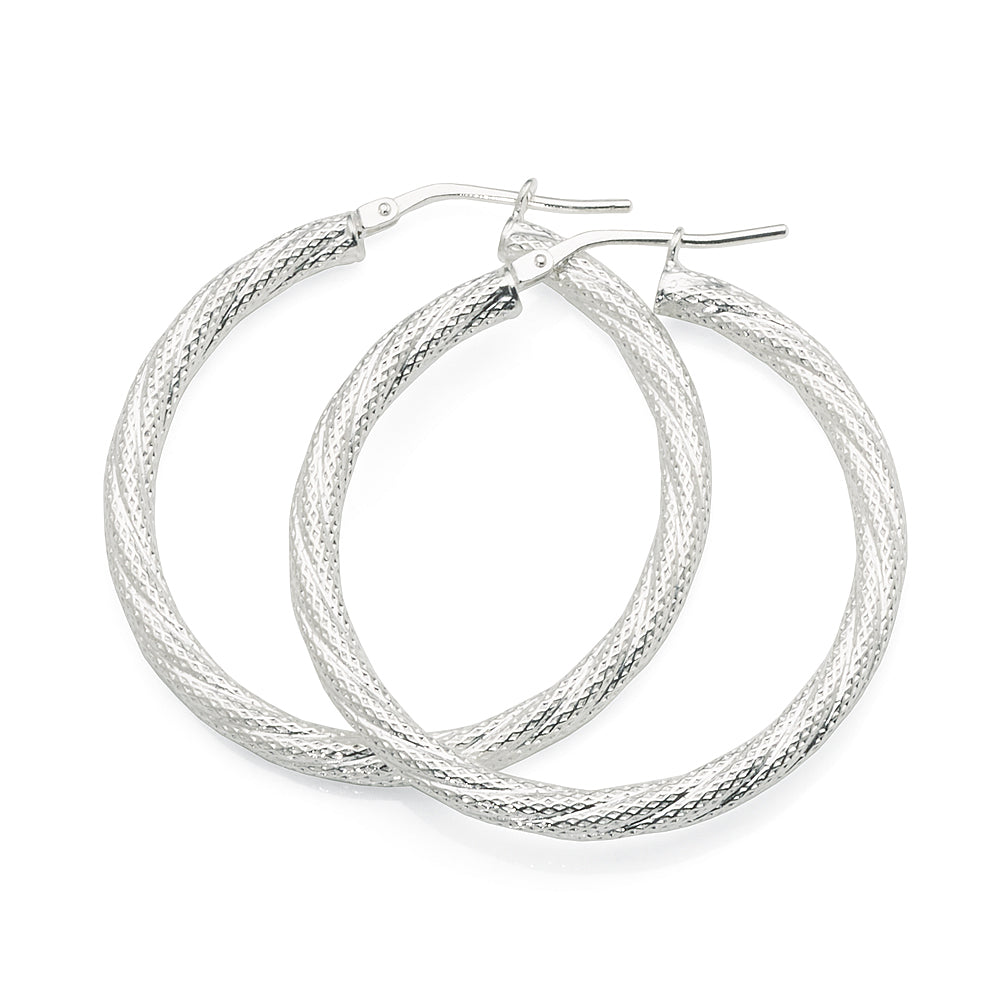 Sterling Silver 30mm Dotted Pattern Twist Tube Hoop Earrings