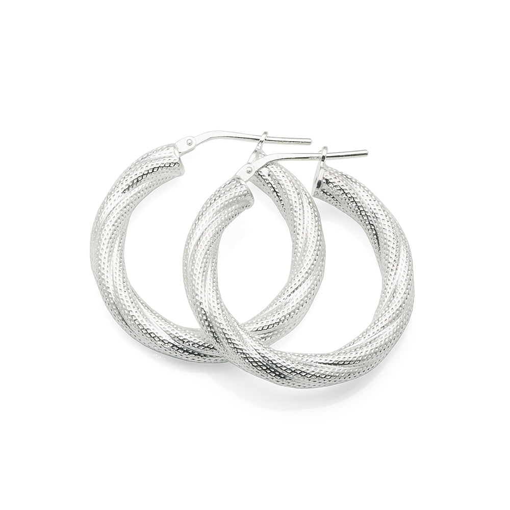 Sterling Silver 20mm Dotted Pattern Twist Tube Hoop Earrings