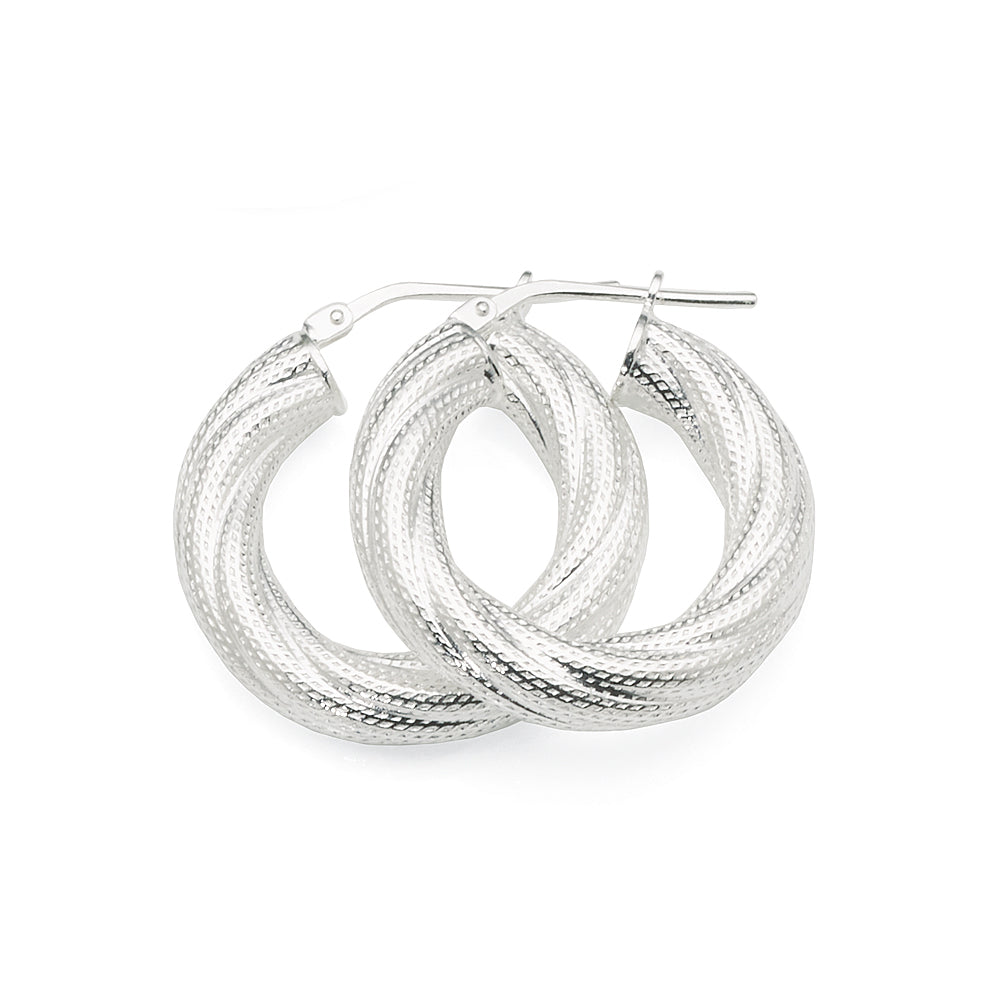 Sterling Silver 15mm Dotted Pattern Twist Tube Hoop Earrings