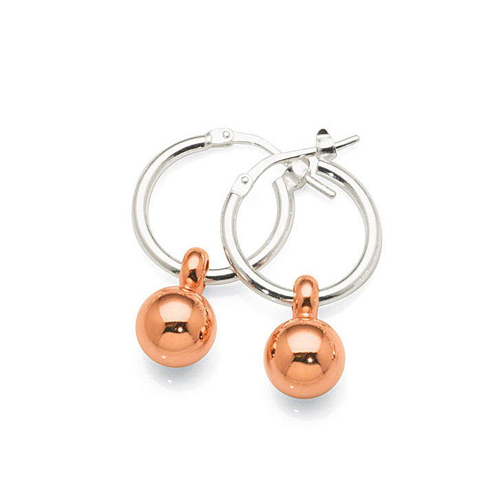 Sterling Silver 13mm Hoops With Rose Tone Hanging Ball