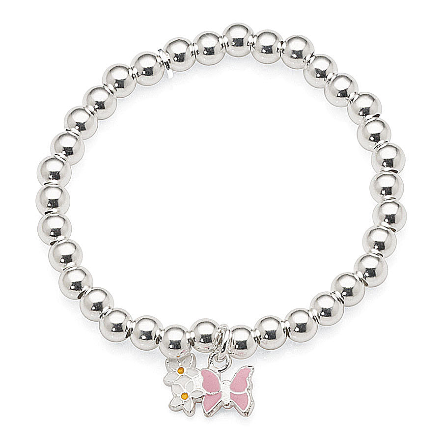 Sterling Silver Stretch Ball Bracelet With Butterfly & Flowe