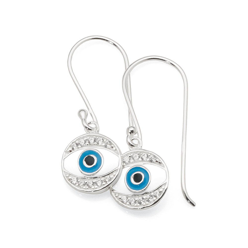 Sterling Silver Cubic Zirconia Evil Eye Hook Earrings