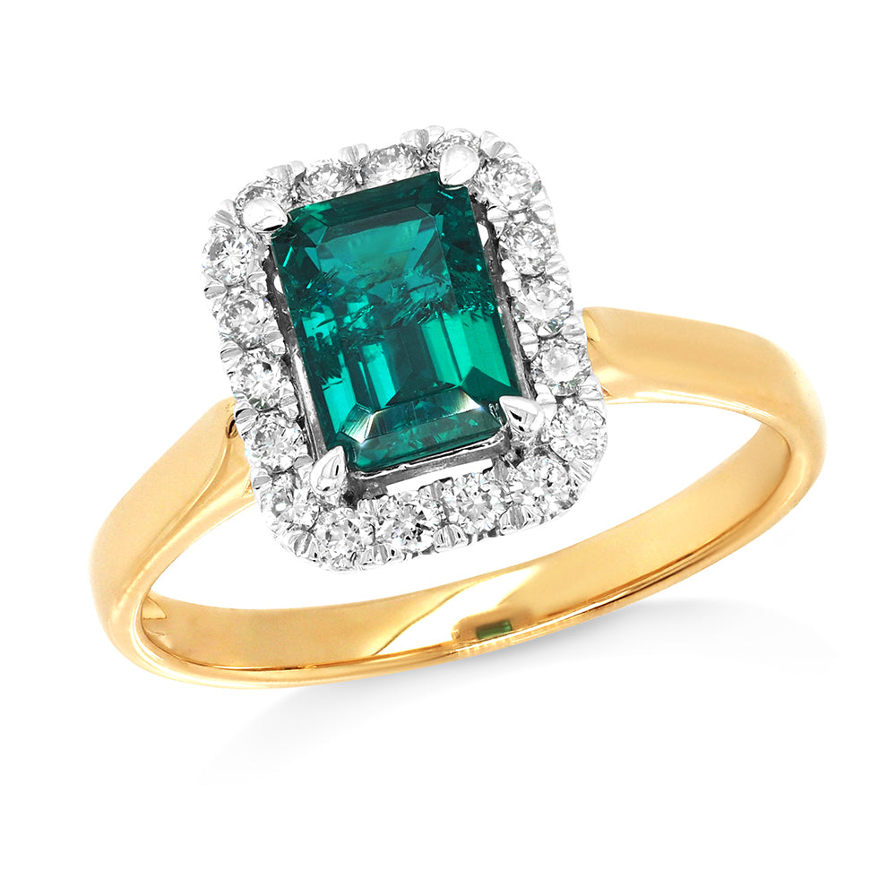 9ct Yellow Gold Emerald Cut Created Emerald Diamond Halo Rin