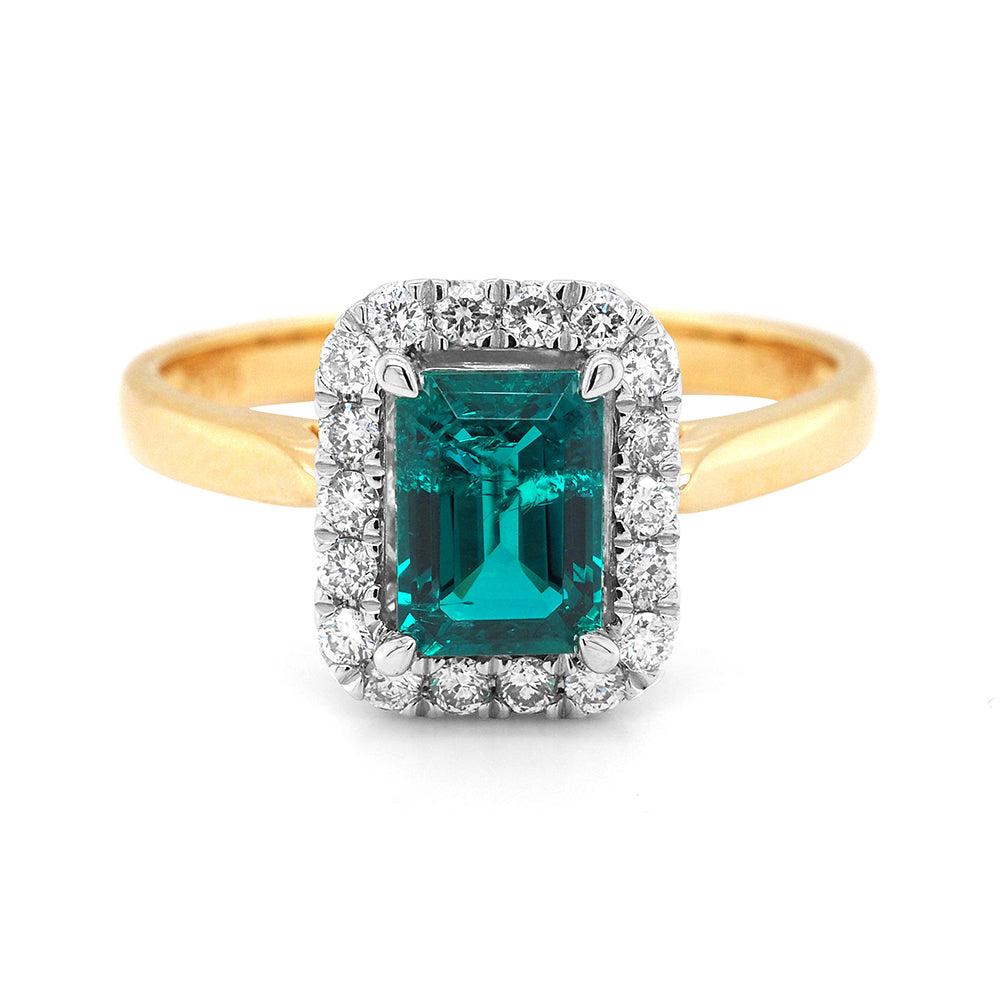 9ct Yellow Gold Emerald Cut Created Emerald Diamond Halo Rin