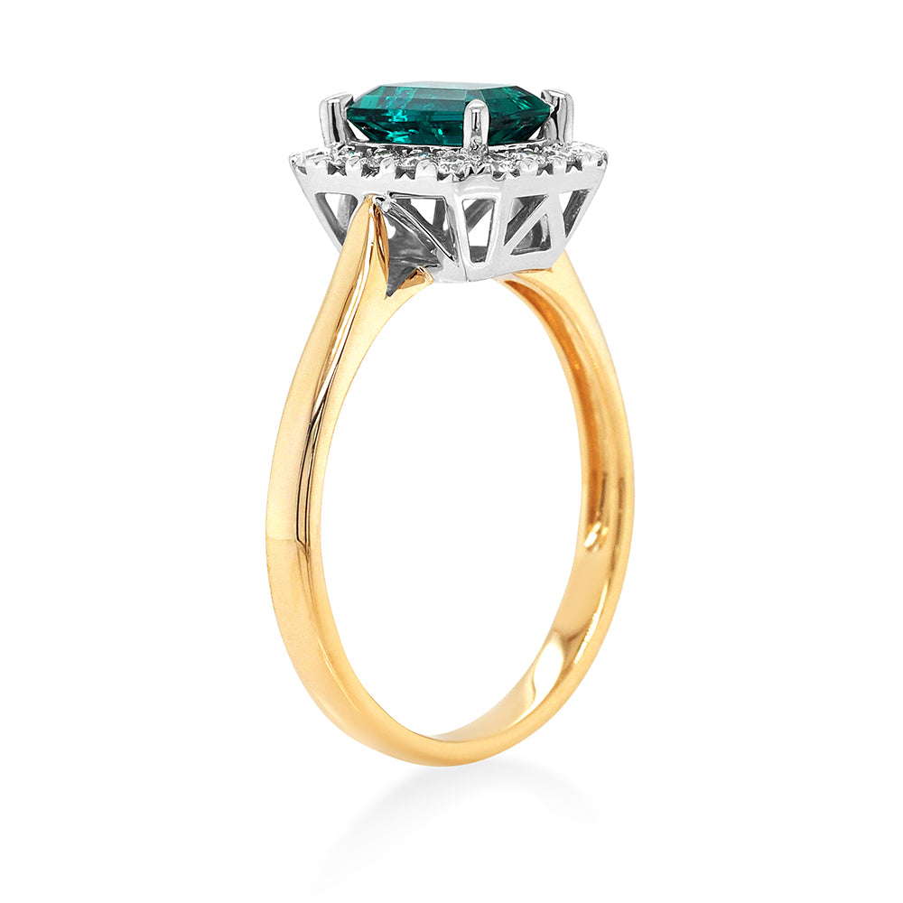 9ct Yellow Gold Emerald Cut Created Emerald Diamond Halo Rin