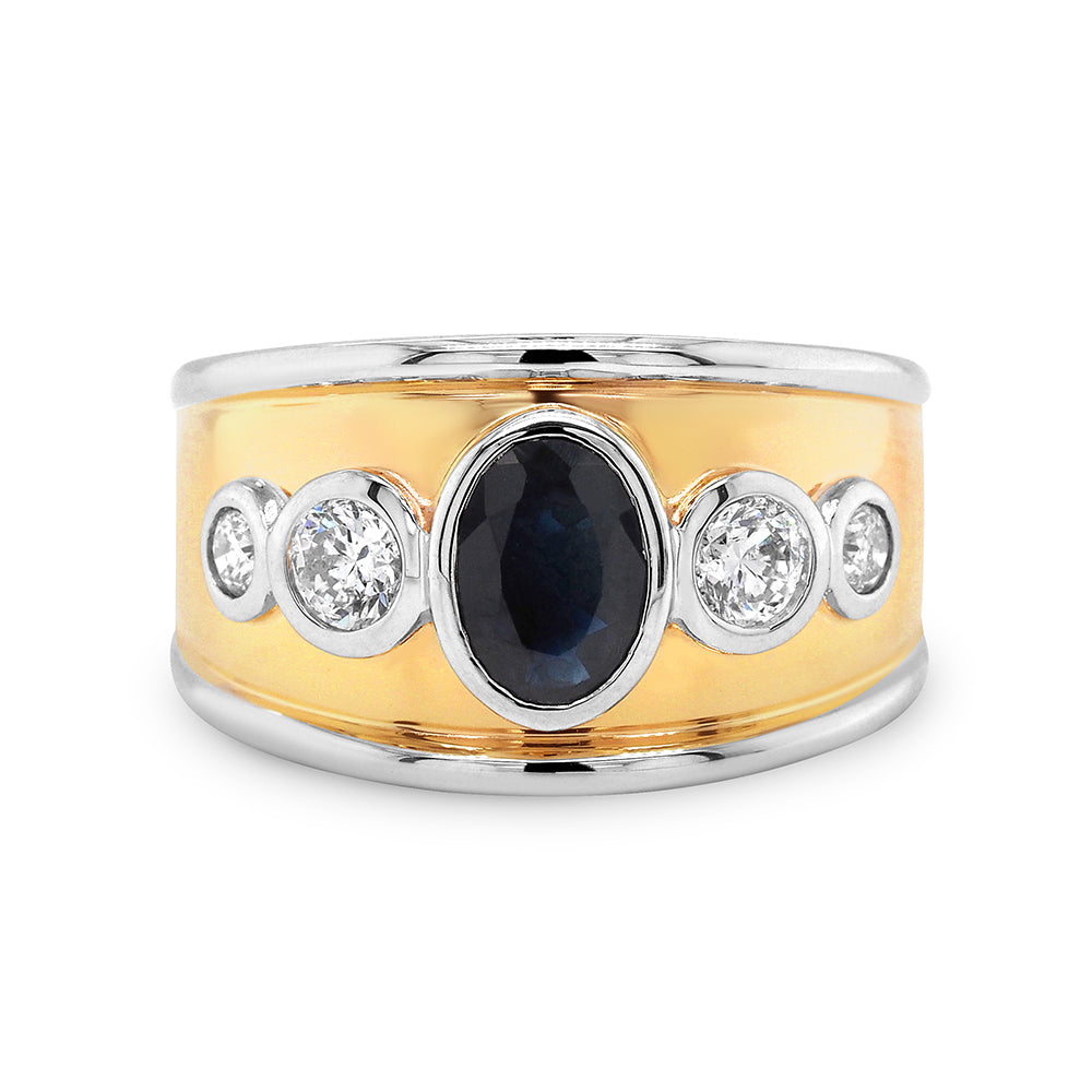 9ct Yellow Gold Oval Nature Sapphire & Diamond Ring TDW: 0.5