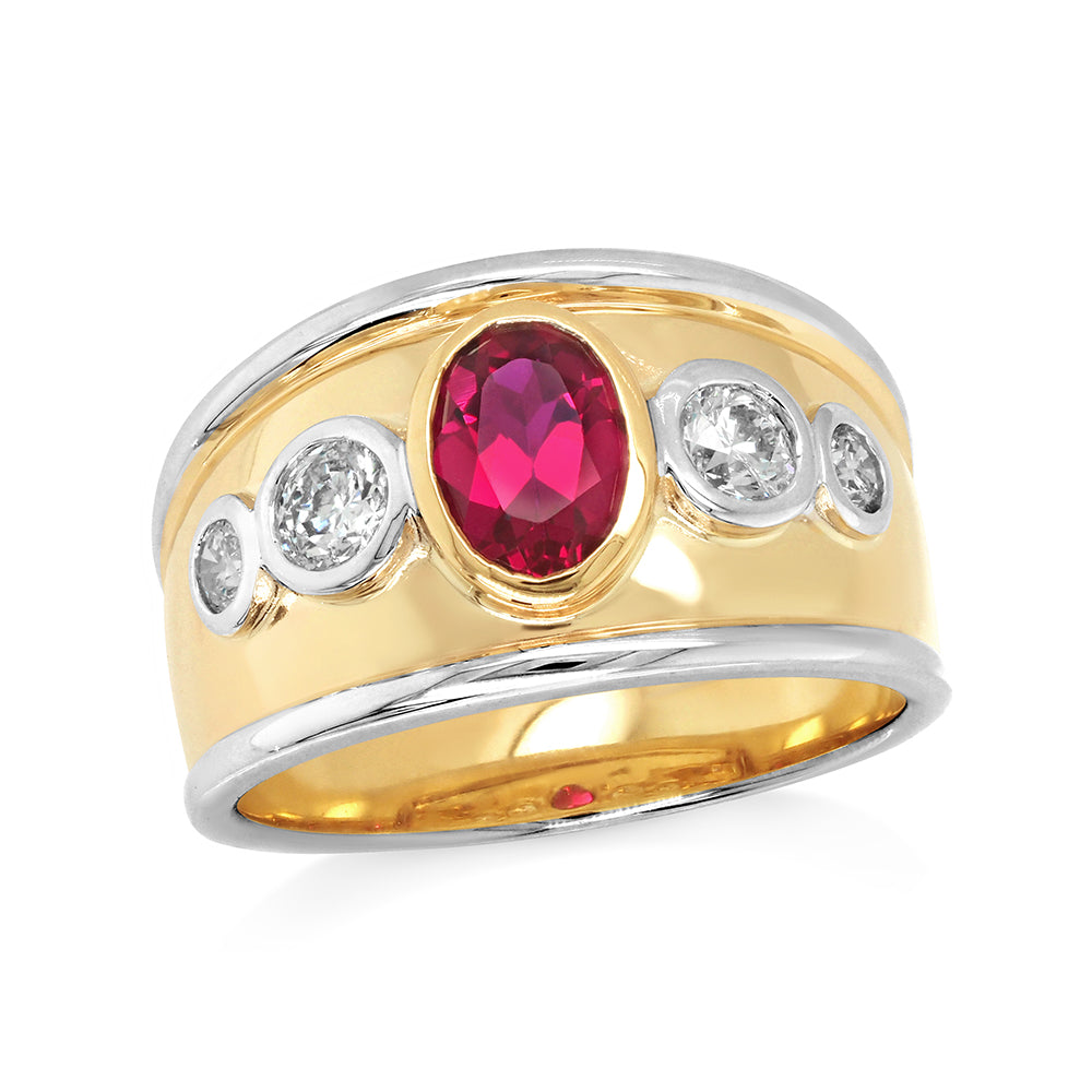 9ct Yellow Gold Oval Created Ruby & Diamond Ring TDW 0.50CT