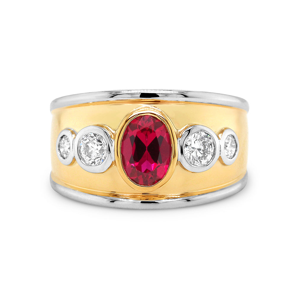 9ct Yellow Gold Oval Created Ruby & Diamond Ring TDW 0.50CT