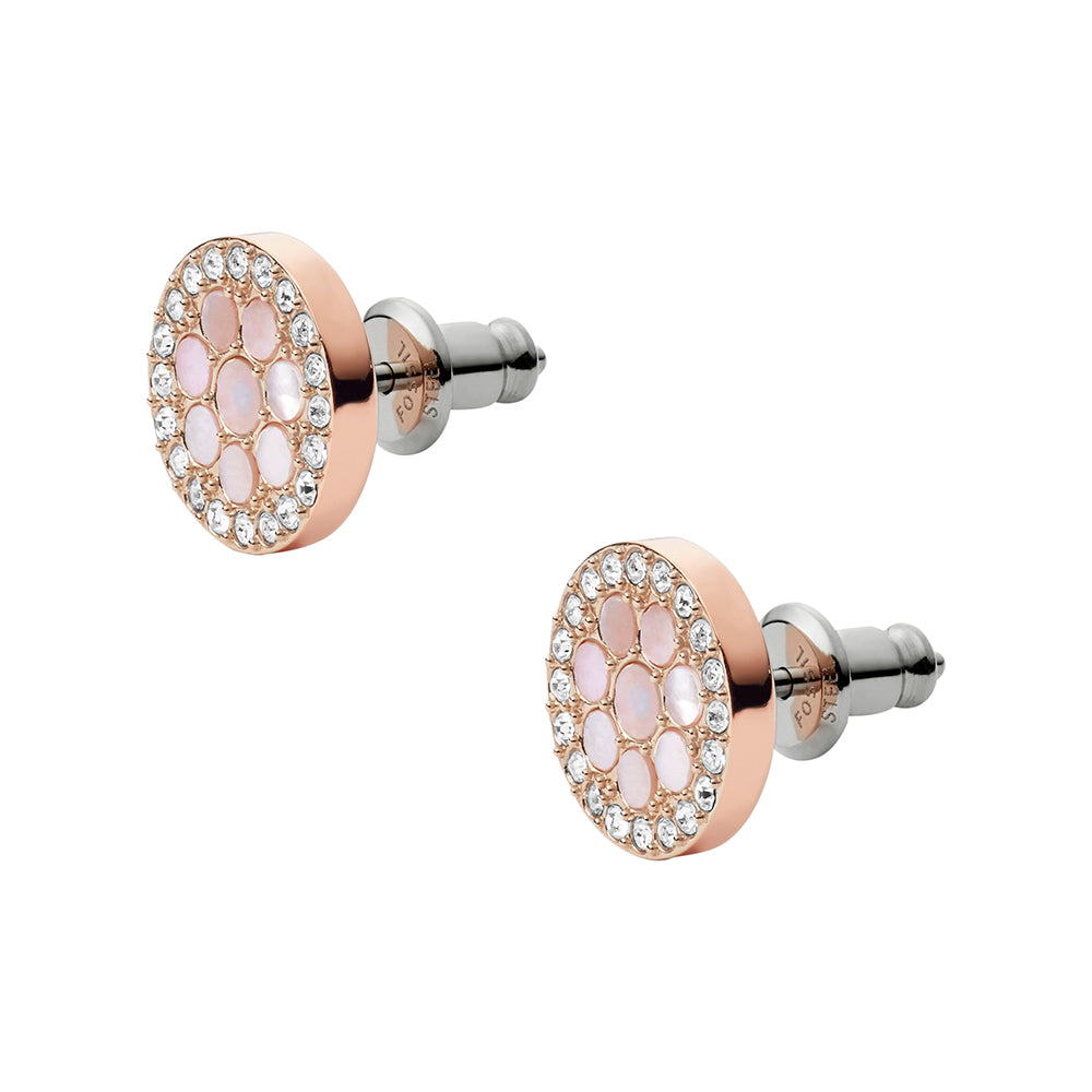 Fossil Rose Tone Mother Of Pearl & Crystal Stud Earrings JF0