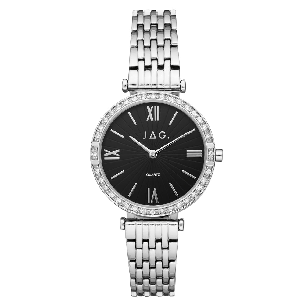 Jag 'Amanda' Stainless Steel Crystal Set Black Dial Watch J2