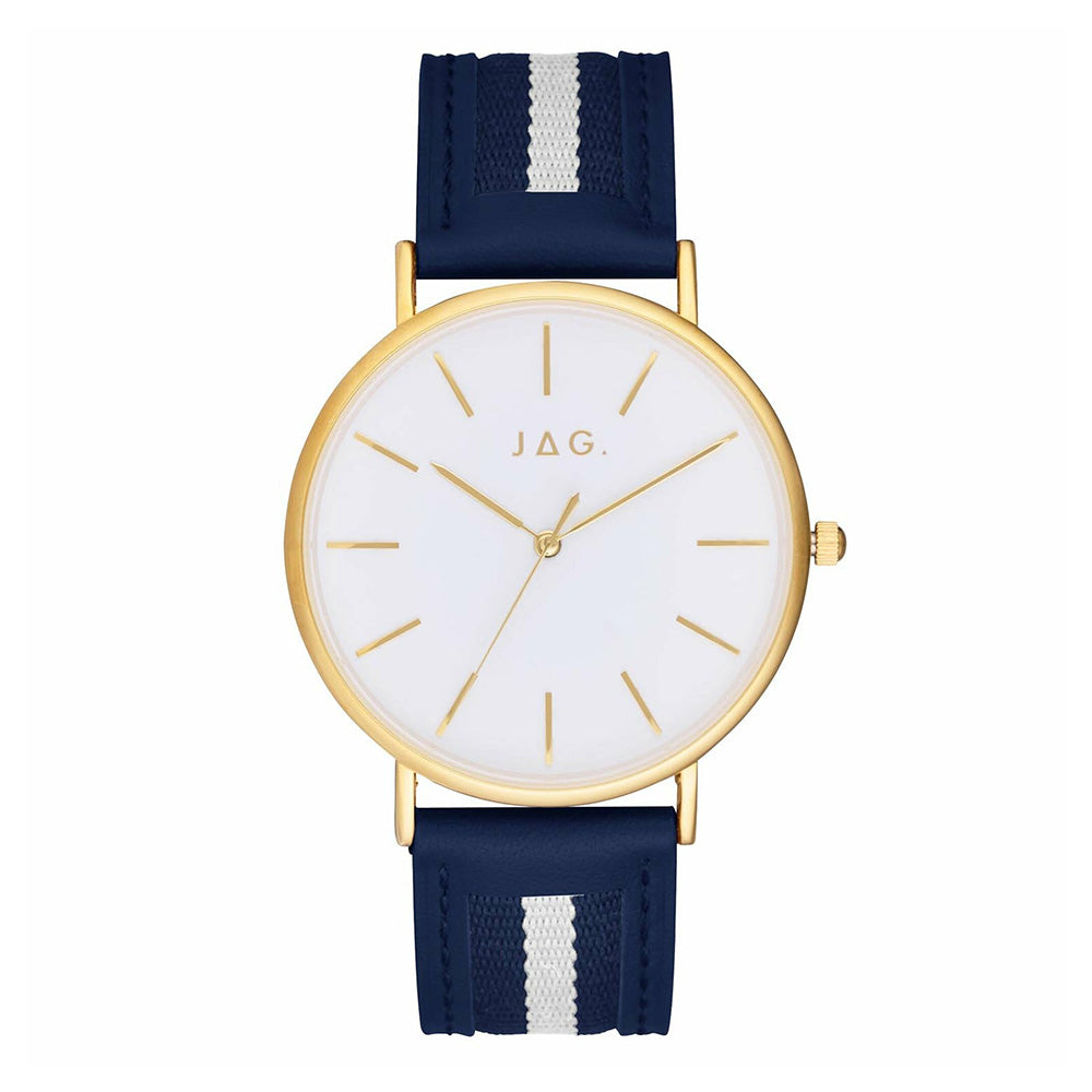 Jag 'Daniel' Gold Stainless Steel Navy Blue & White Strap Wa