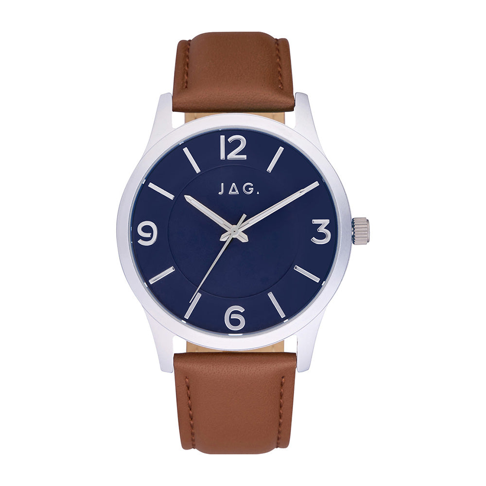 Jag 'Isaac' Stainless Steel Brown Leather Strap Watch J2410