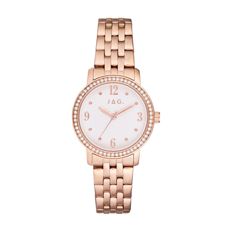 Jag 'Stephanie' Crystal Bezel Rose Gold Stainless Steel Watc