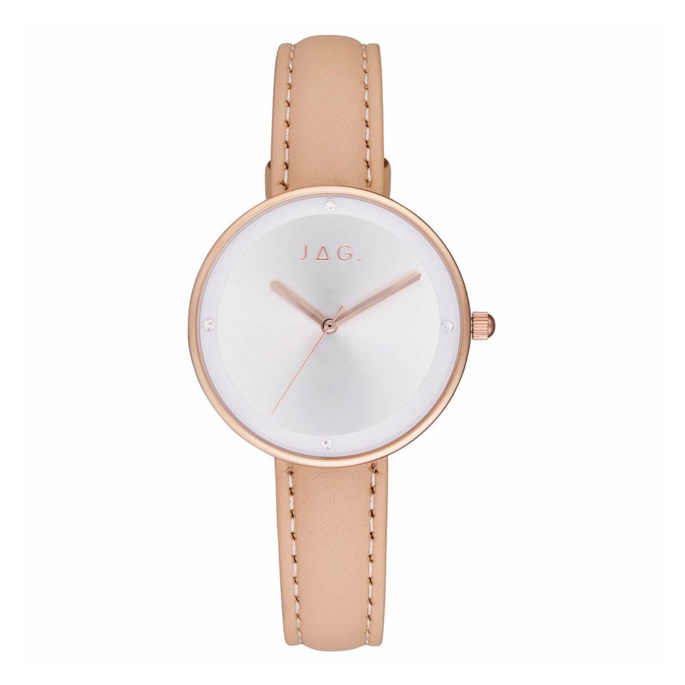Jag 'Sarah' Crystal Set Silver Dial Tan Leather Strap Watch