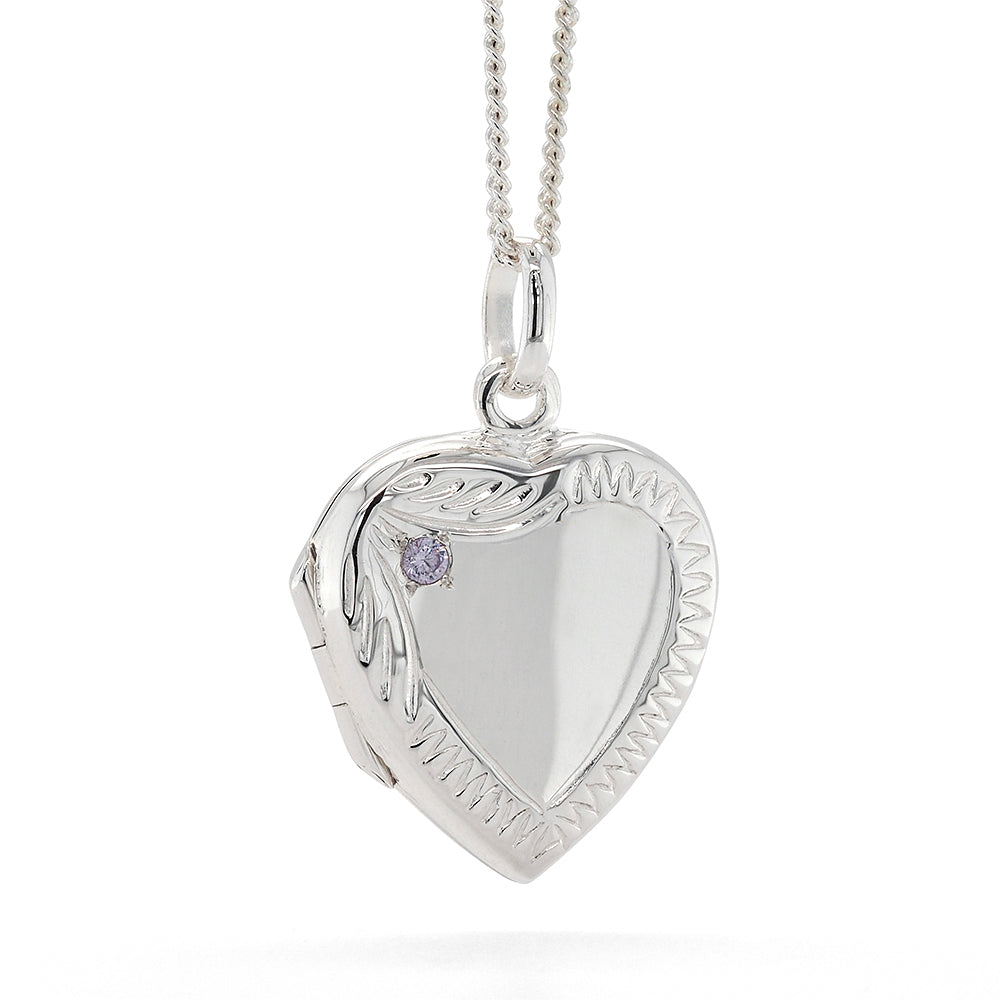 Sterling Silver Etched Lavender Cubic Zirconia Heart Locket