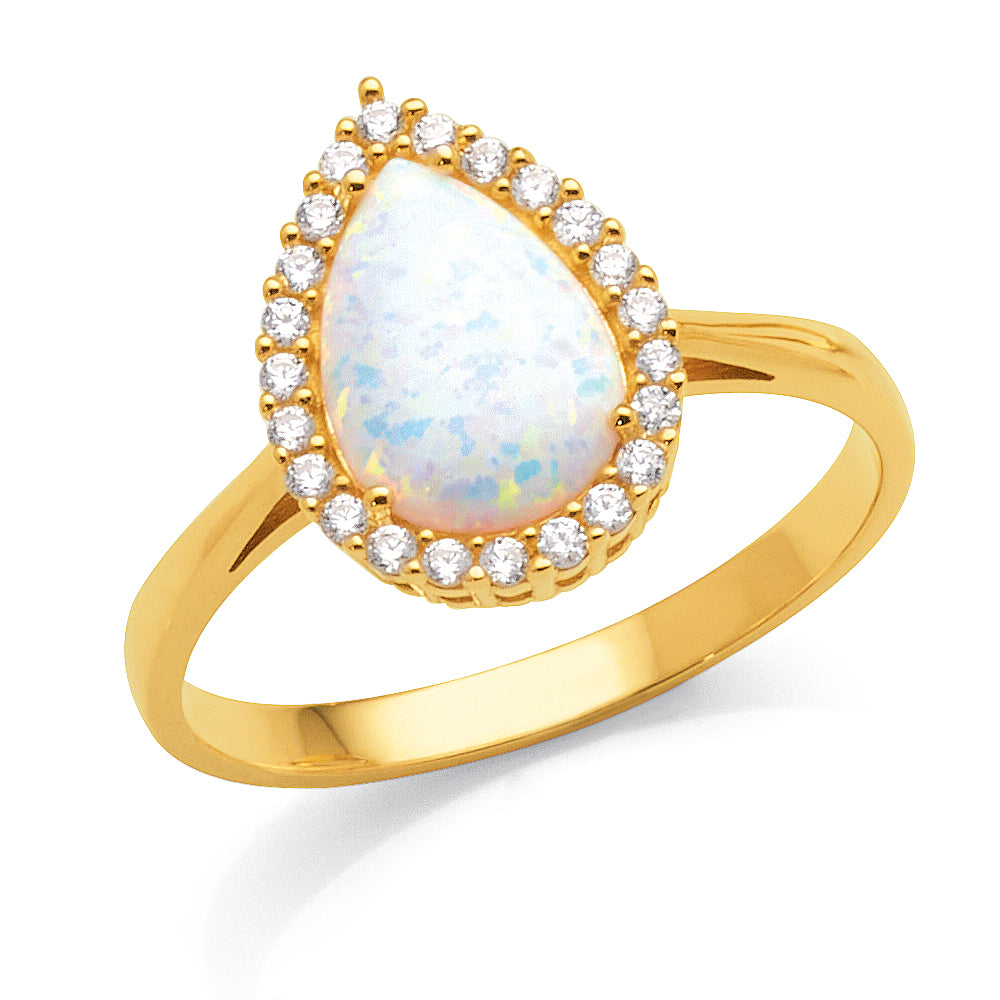 9ct Yellow Gold Pear Shaped White Opal Cubic Zirconia Halo R