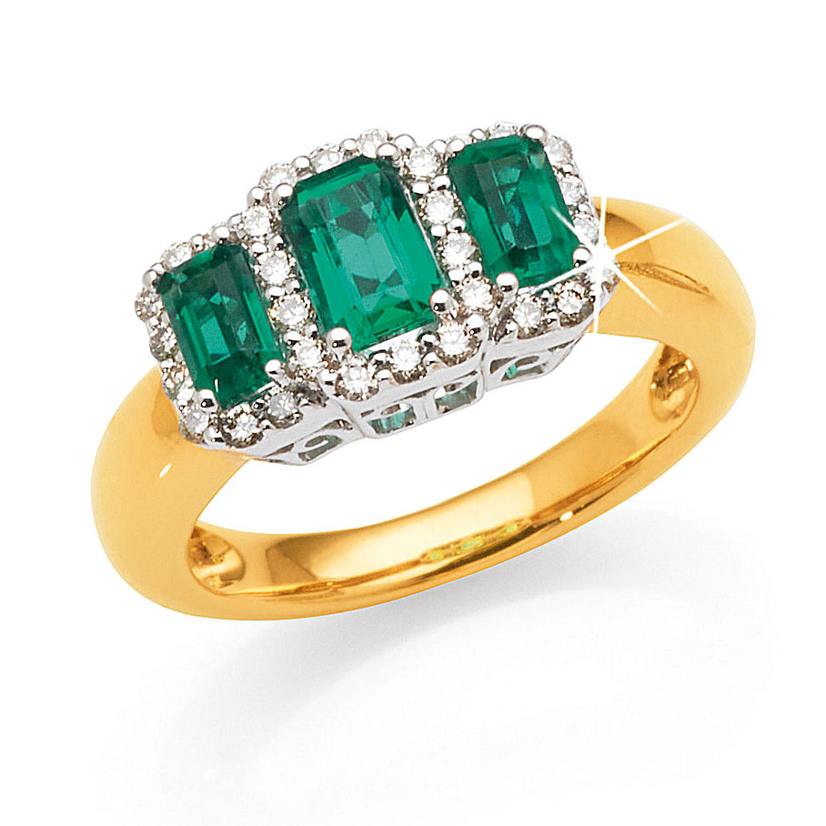 9ct Yellow Gold Created Emerald & Diamond Trilogy Ring TDW 0