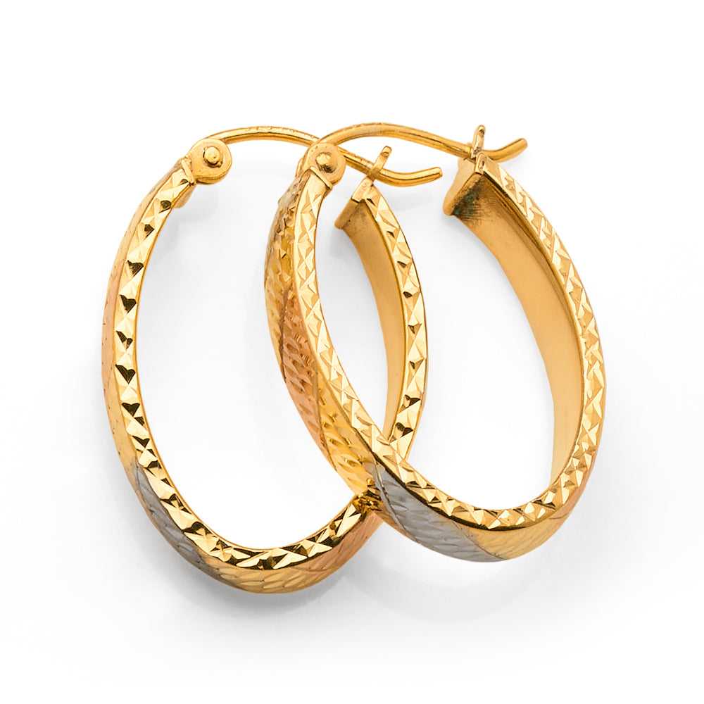 3-Tone Gold Bonded 12mm Oval Diamond Cut Hoops