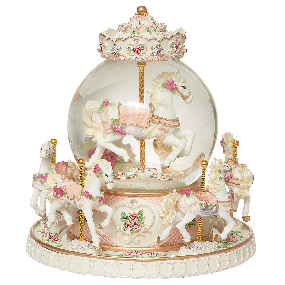 Pink Roses Windup Musical Rotating Snow Dome with Horses