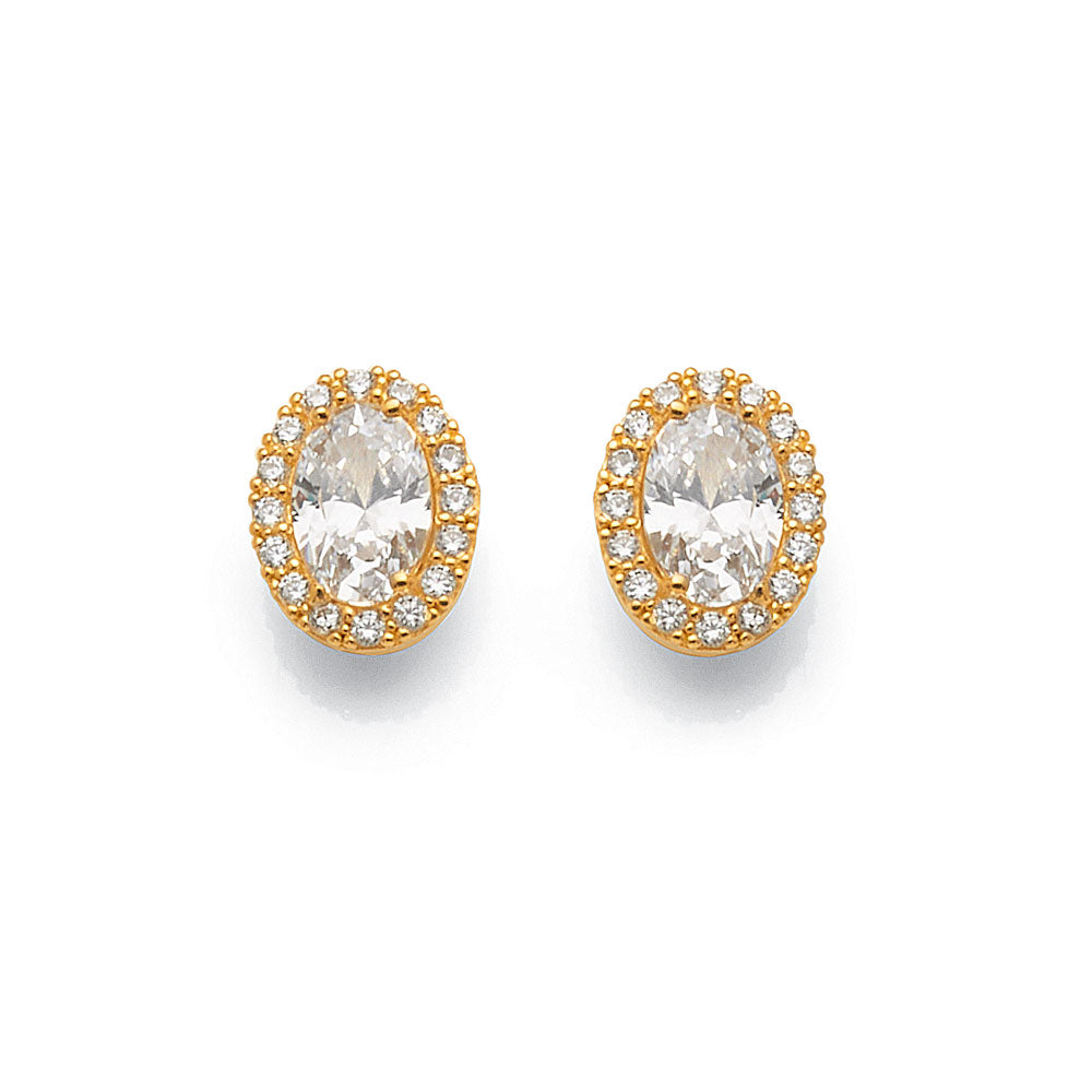 9ct Yellow Gold Oval Cubic Zirconia Halo Stud Earrings