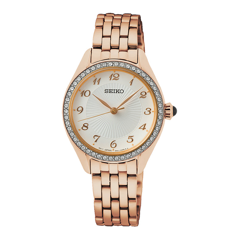 Seiko 'Caprice' Rose Tone Stainless Steel Crystal Watch SSUR