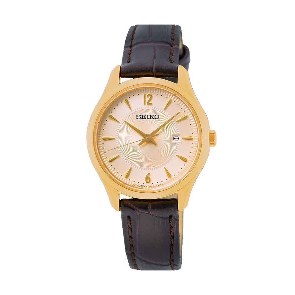 Seiko Gold Stainless Steel Black Leather Analogue Watch SUR4