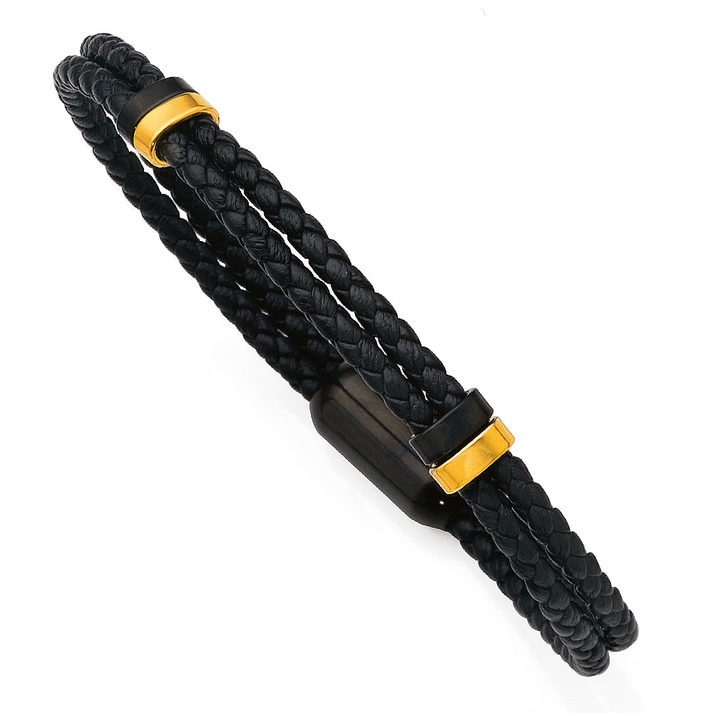 21cm Black Leather & Gold-Tone Stainless Steel Bracelet