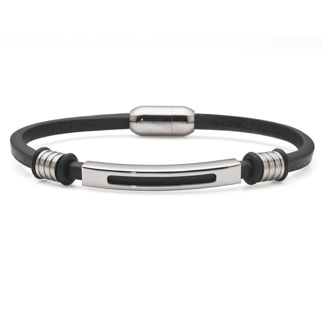 21cm Stainless Steel & Black Leather Bracelet