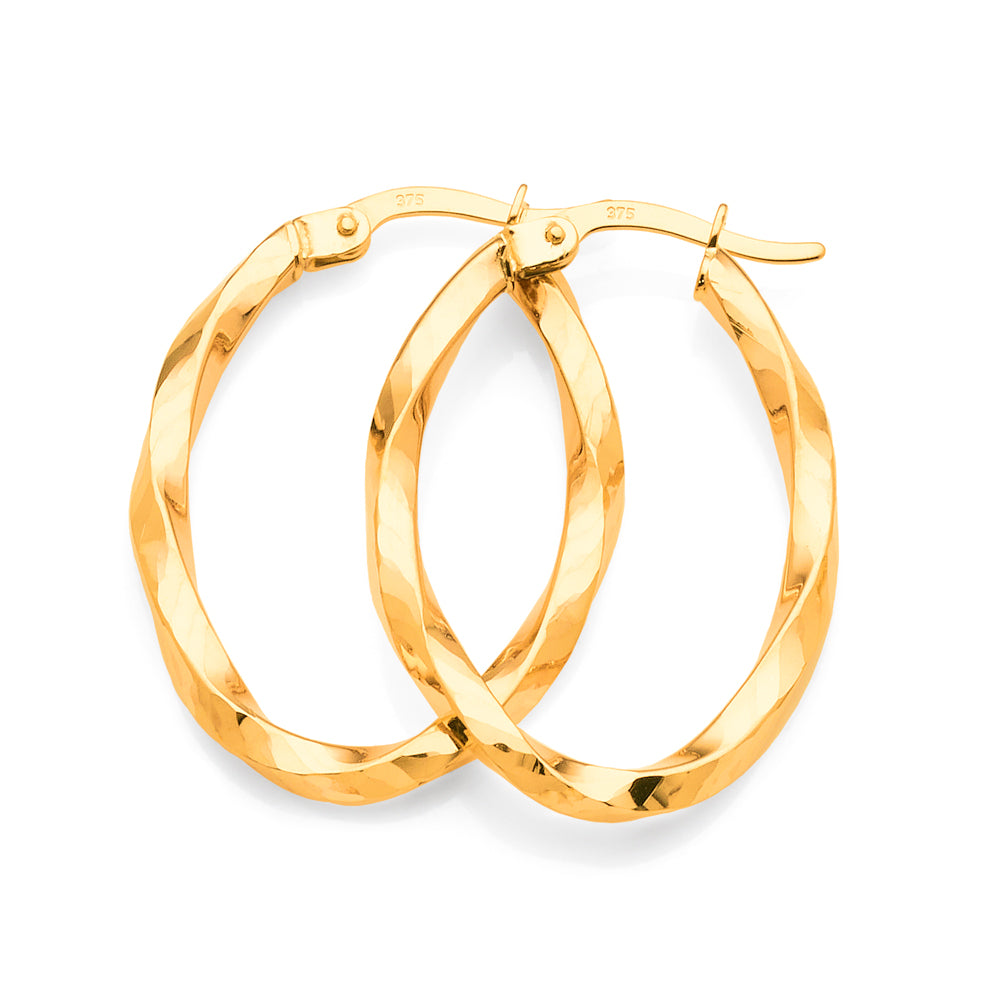 9ct Yellow Gold 15mm Long Oval Twist Hoops