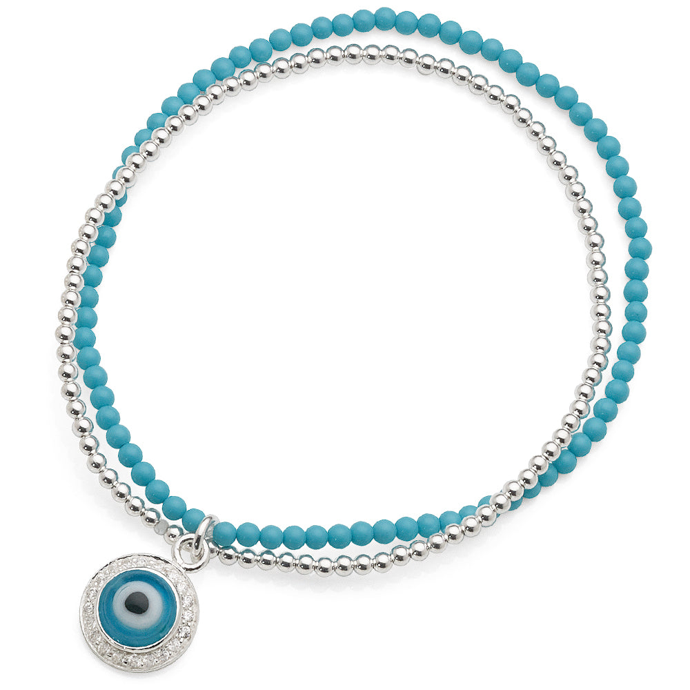 Sterling Silver & Turquoise Stretch Evil Eye 17cm Bracelet