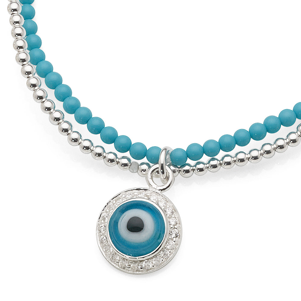 Sterling Silver & Turquoise Stretch Evil Eye 17cm Bracelet