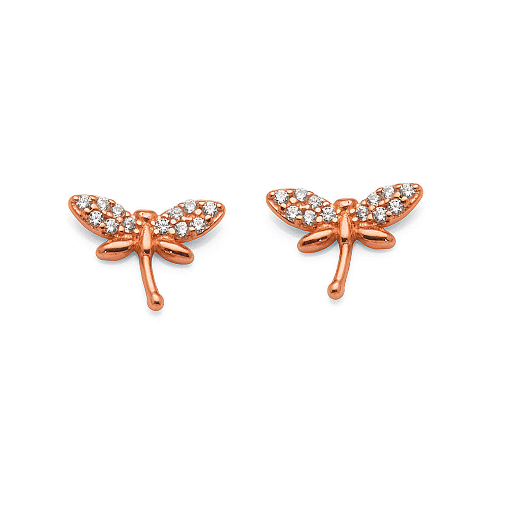 9ct Rose Gold Cubic Zirconia Dragonfly Stud Earrings