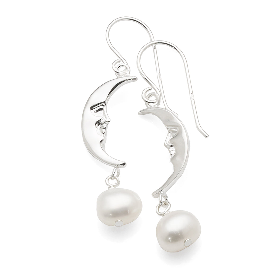 Sterling Silver Crescent Moon Pearl Drop Hook Earrings