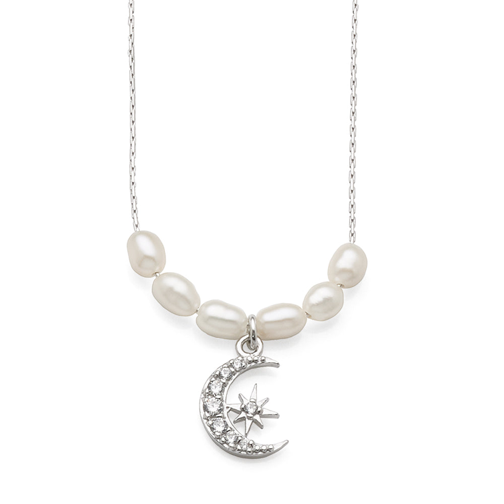 Sterling Silver Moon & Star Pearl & Cubic Zirconia 40cm Neck