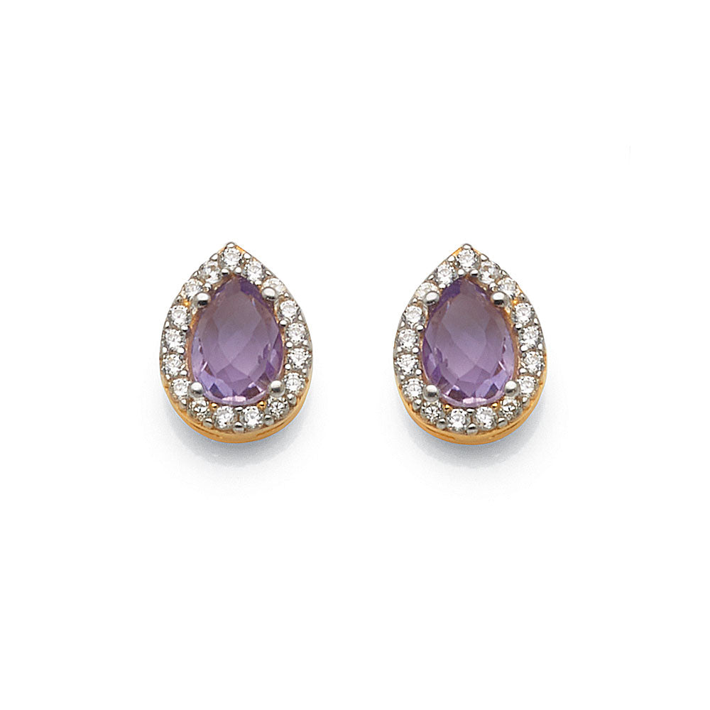 9ct Yellow Gold Pear Shaped Amethyst & Cubic Zirconia Studs