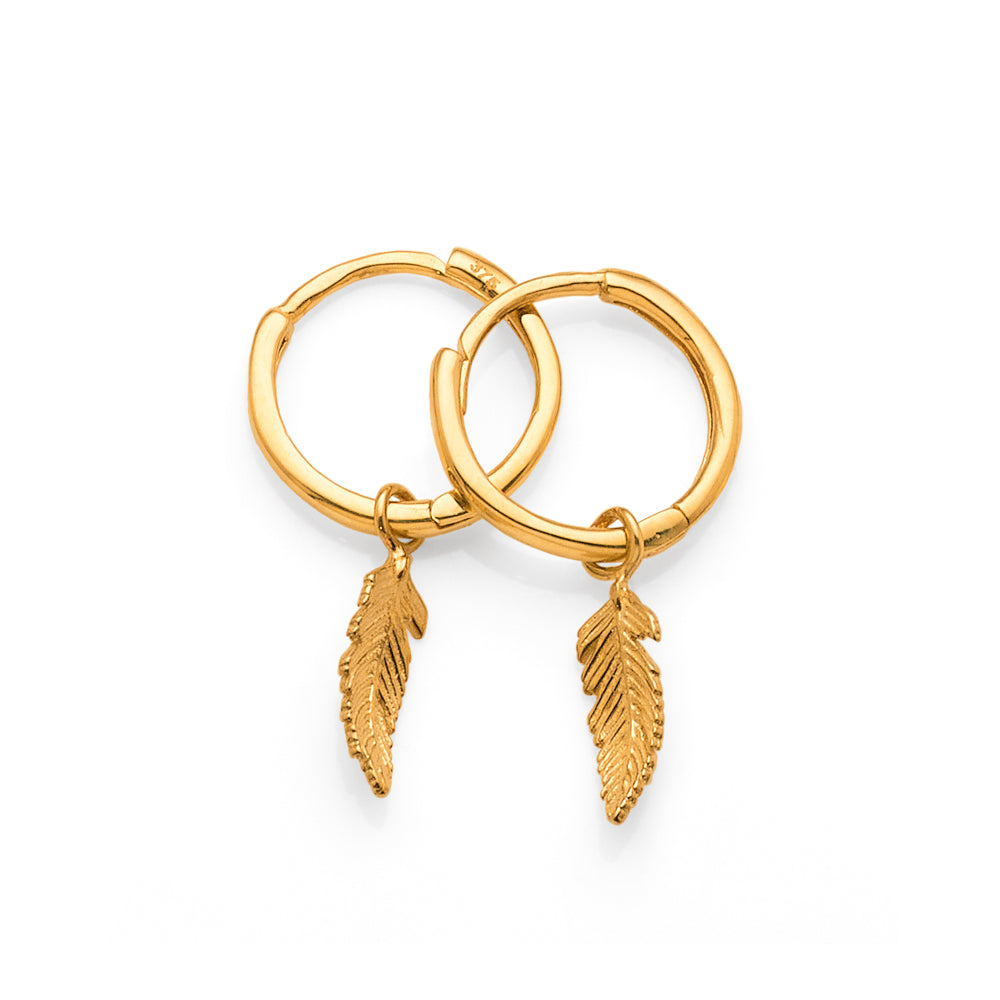 9ct Yellow Gold 9mm Huggie Hoop Earrings With Hanging Feathe