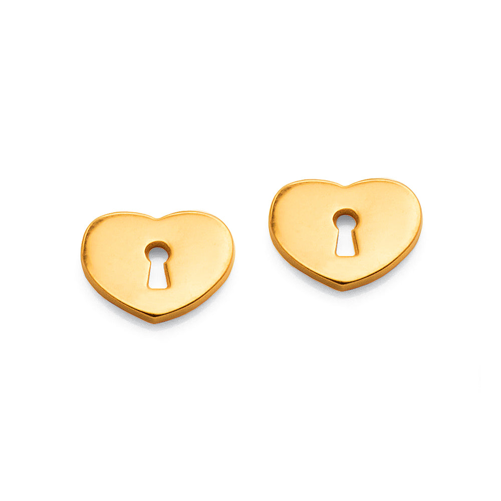 9ct Gold 8mm Flat Heart Key Hole Stud Earrings