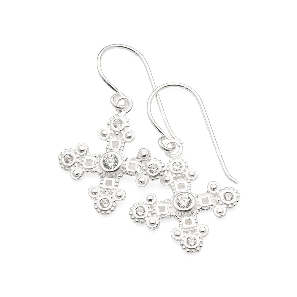 Sterling Silver Cubic Zirconia Crucifix Hook Earrings