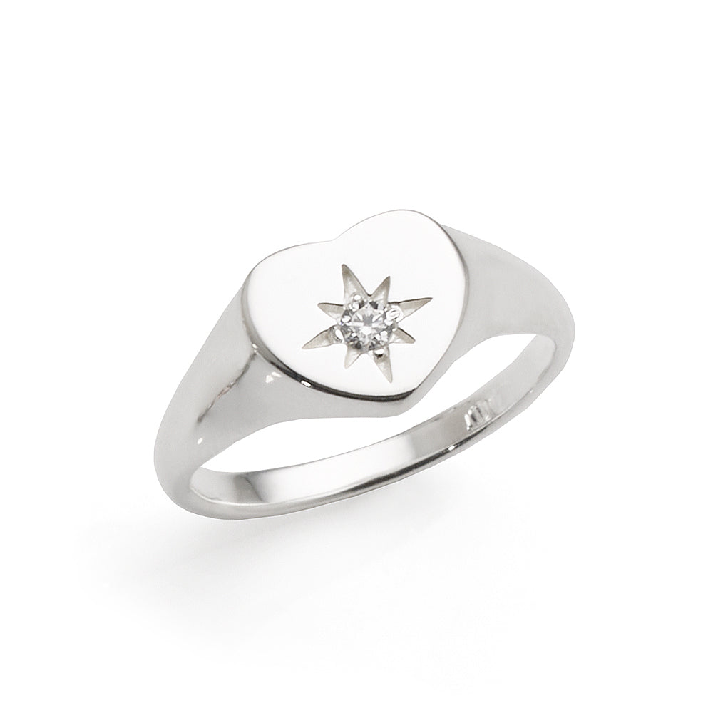 Sterling Silver Heart Cubic Zirconia Star Children's Signet