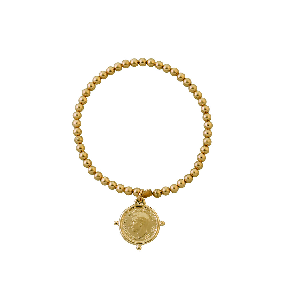 Von Treskow Gold Stretch Ball Bracelet With Threepence Coin