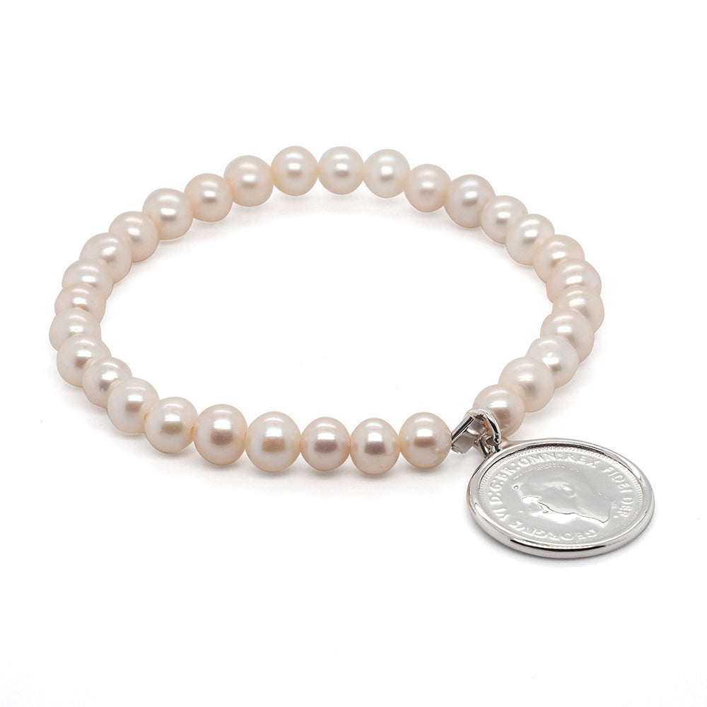 Von Treskow Pearl Stretch With Sixpence Coin Bracelet BVS02-