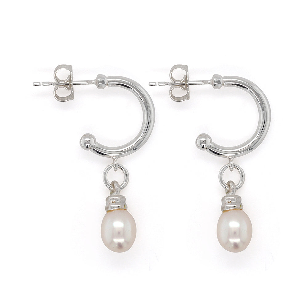 Von Treskow Sterling Silver Pearl Drop Half 10mm Hoop Earrin