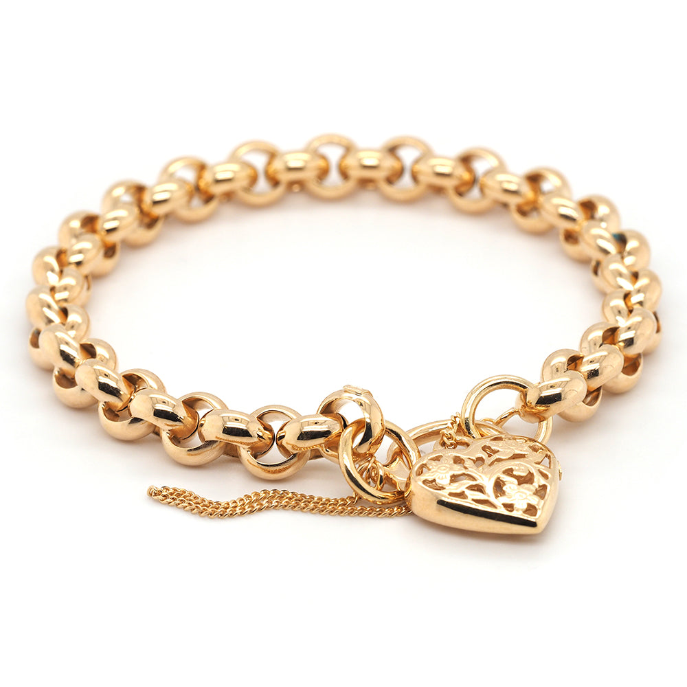 9ct Yellow Gold Round Belcher Heart Padlock Bracelet