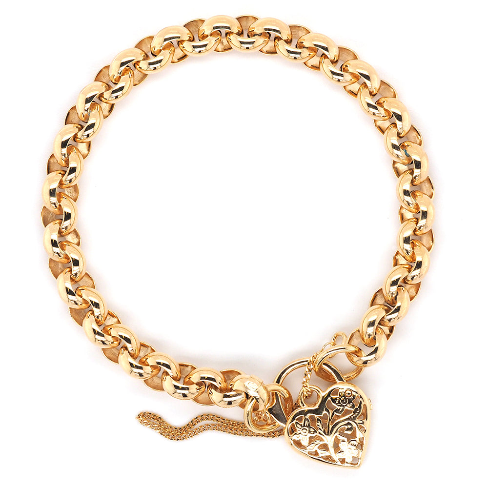 9ct Yellow Gold Round Belcher Heart Padlock Bracelet