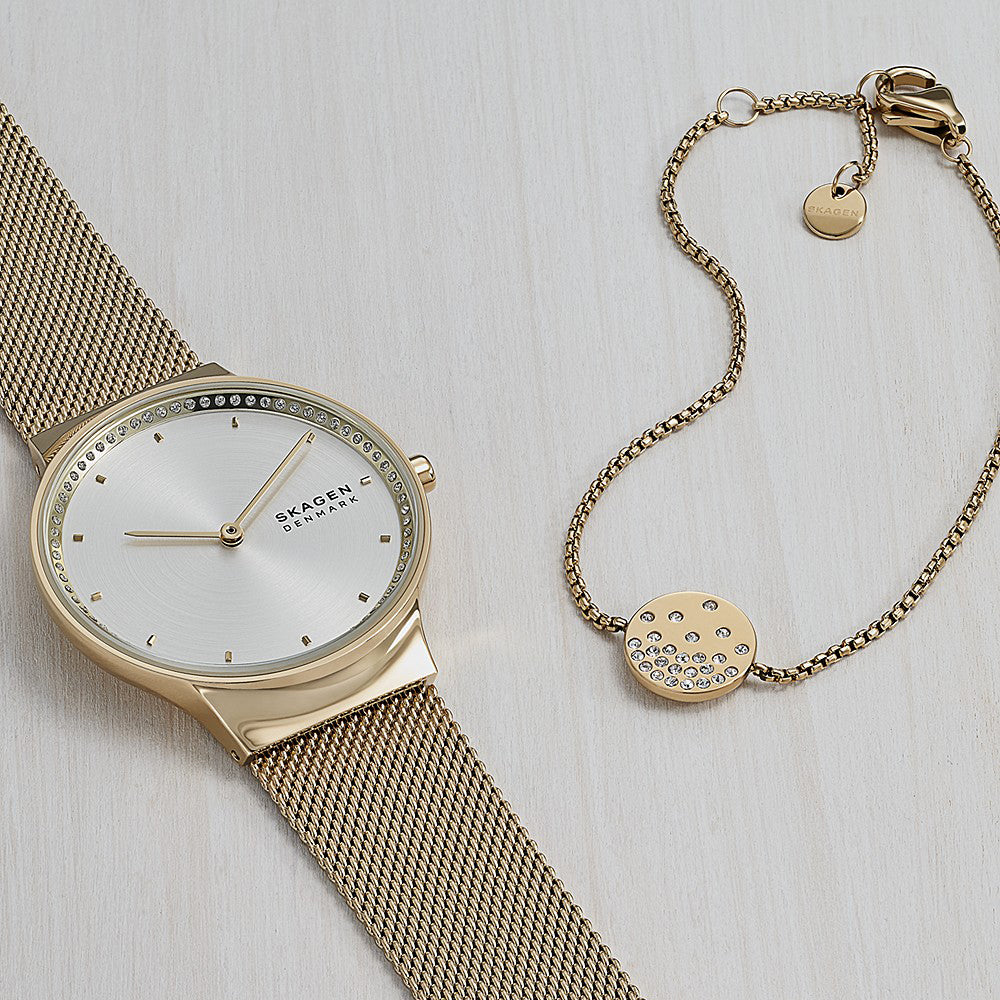 Skagen 'Freja' Gold Tone Mesh Strap Watch & Bracelet Set SKW