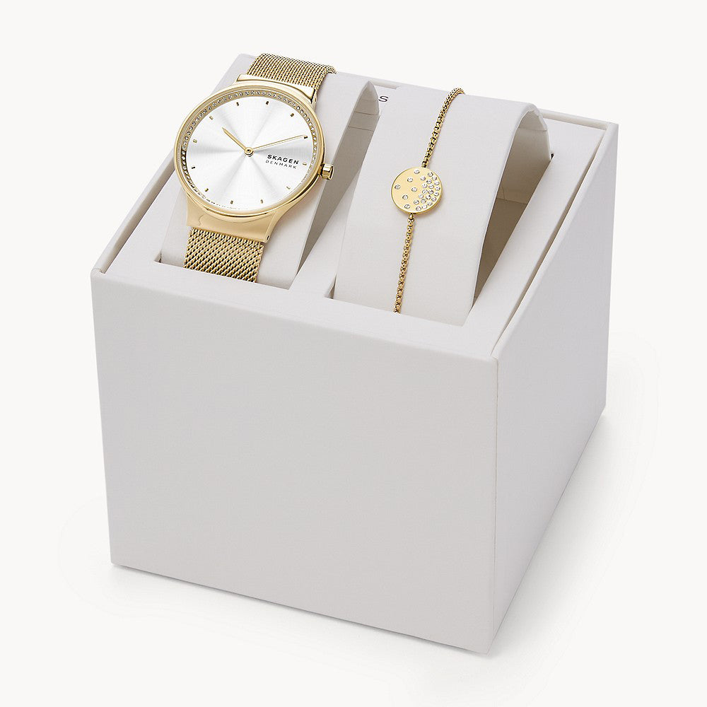 Skagen 'Freja' Gold Tone Mesh Strap Watch & Bracelet Set SKW