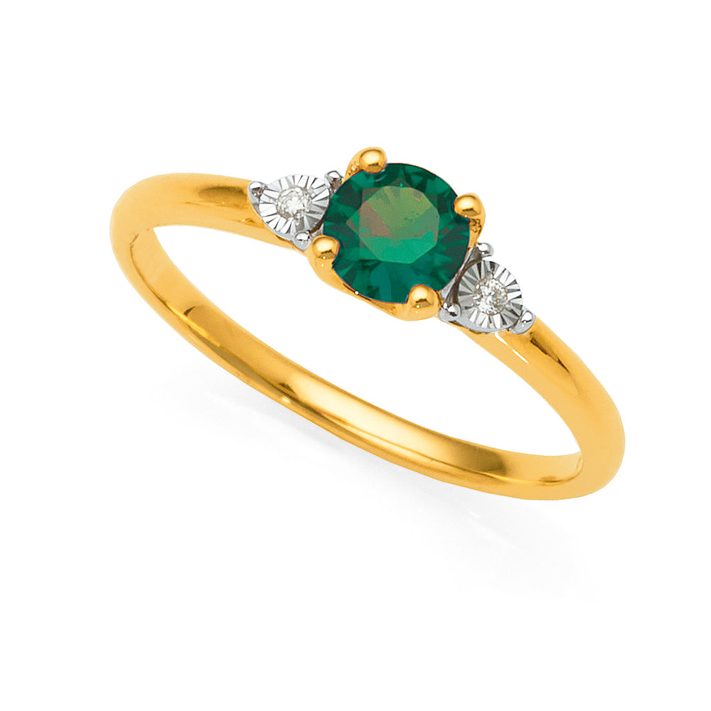 9ct Gold 5mm Round Created Emerald & Diamond Ring